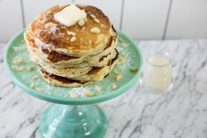 Banana Macadamia Nut Pancakes with Coconut Syrup