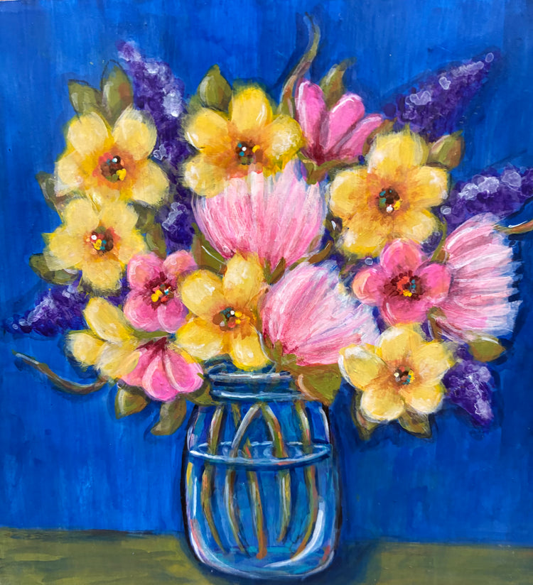 A colorful still life painting of a flower bouquet in a blue glass jar, featuring yellow and pink blossoms against a vivid blue background.