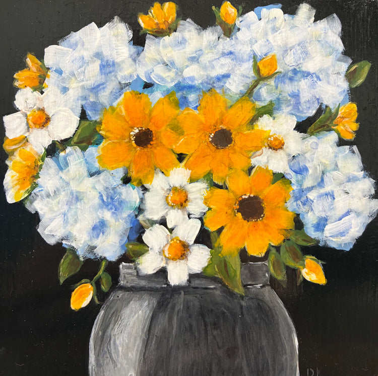 Aunt Debbie Painting #2 (yellow&white flowers, black background)