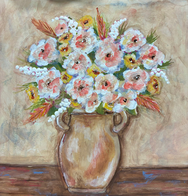 Aunt Debbie Painting #3 (Pink & White floral in beige pot, tan background)
