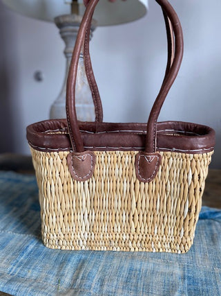 Basket line weave dark brown round long handle trimmed box
