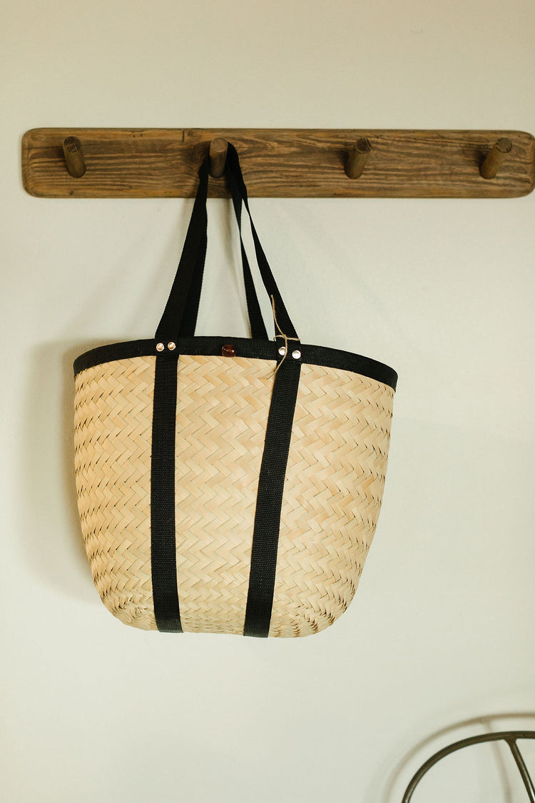 Basket braided weave with black Nylon long handle and trimmed edge, Medium