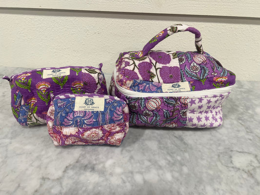 Cosmetic Bag, Purple Floral & Star (3 Piece Set)