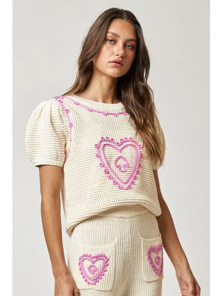 Sweater, Pink & Cream Crocheted