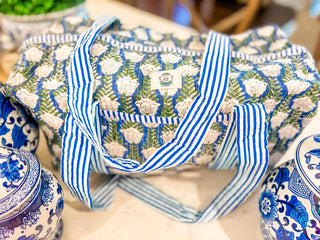 Duffle Bag, Blue with White Floral Large
