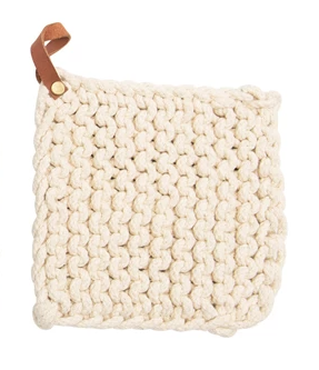 Pot Holder, Cream w/Leather