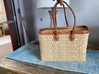 Basket line weave light brown round long handle trimmed box