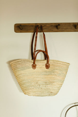 Basket braided weave with double Caramel round short handle and long caramel zig zag handle